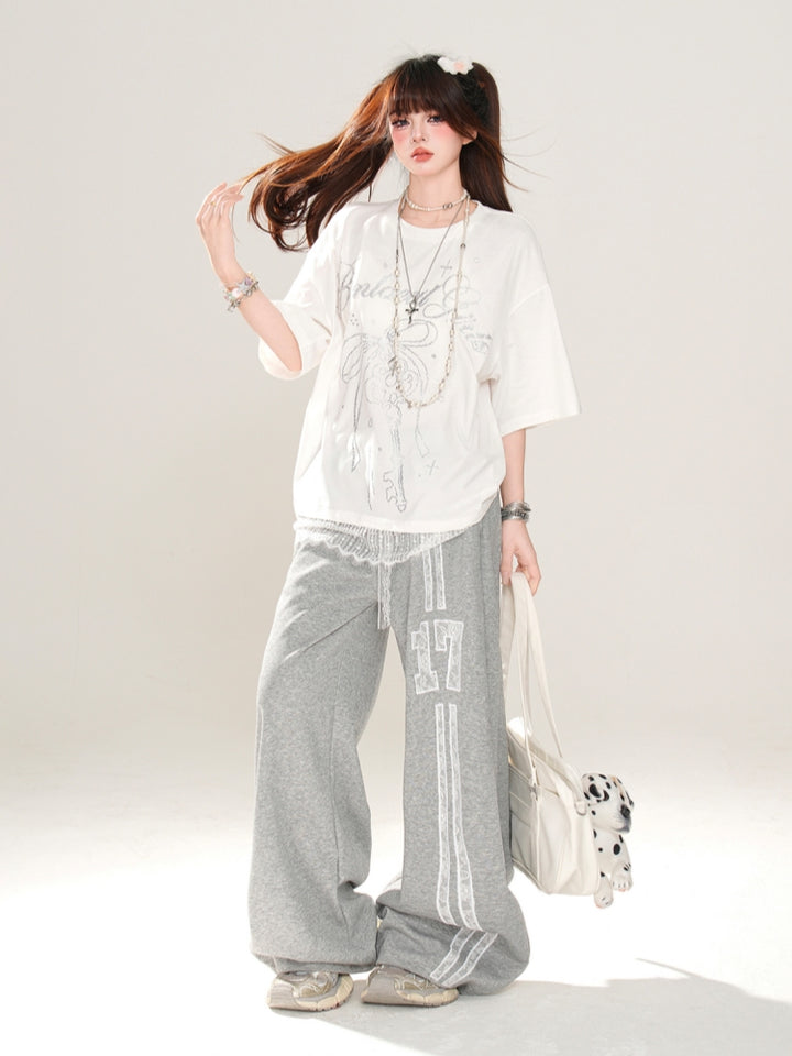 Sweet Short-Sleeve Lace Loose White T-Shirt