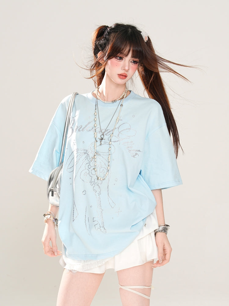 Sweet Short-Sleeve Lace Loose Blue T-Shirt