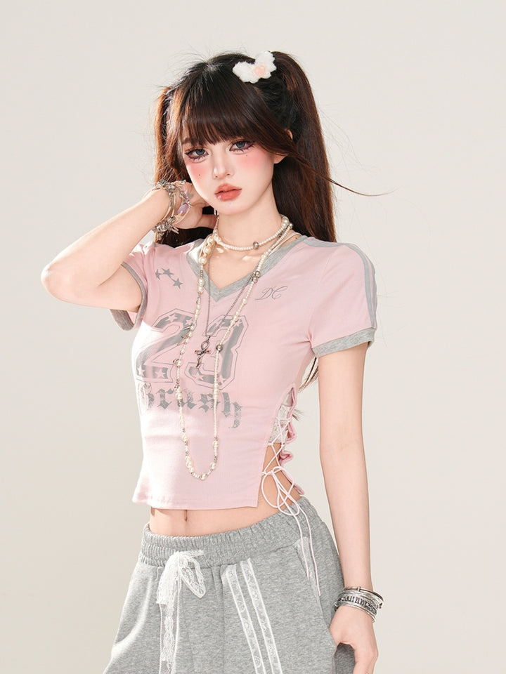 American-Style Letter Print Pink Short Crop Top