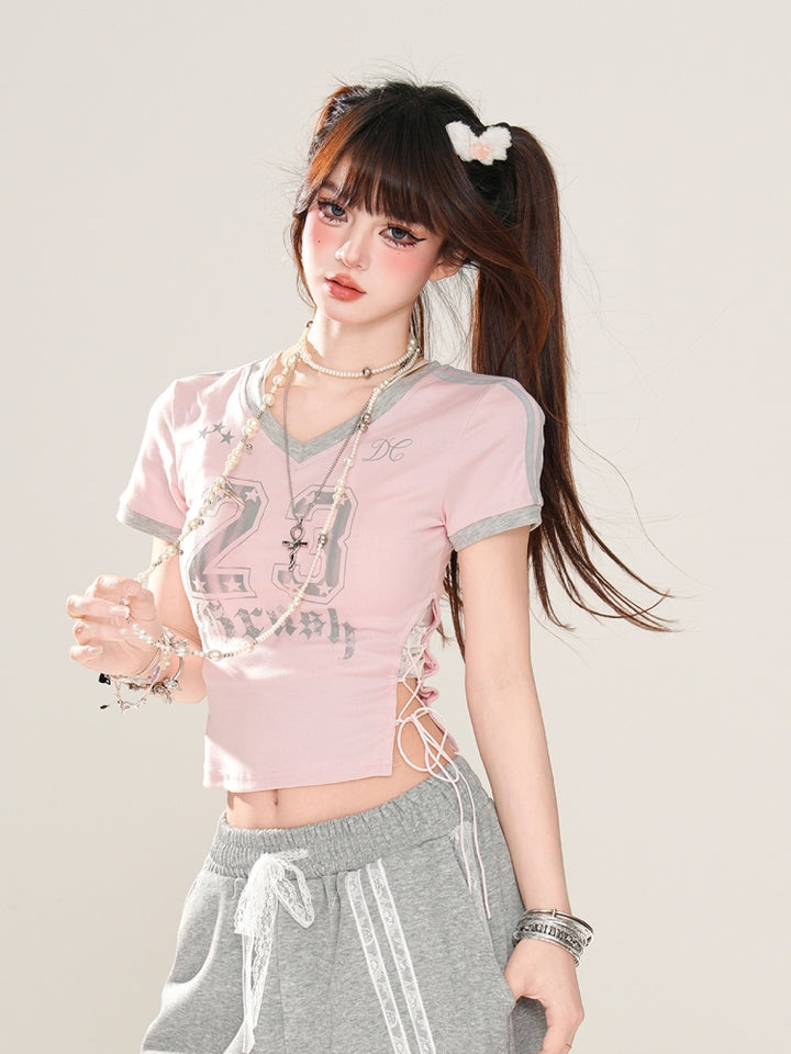American-Style Letter Print Pink Short Crop Top