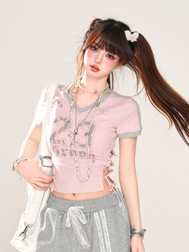 American-Style Letter Print Pink Short Crop Top