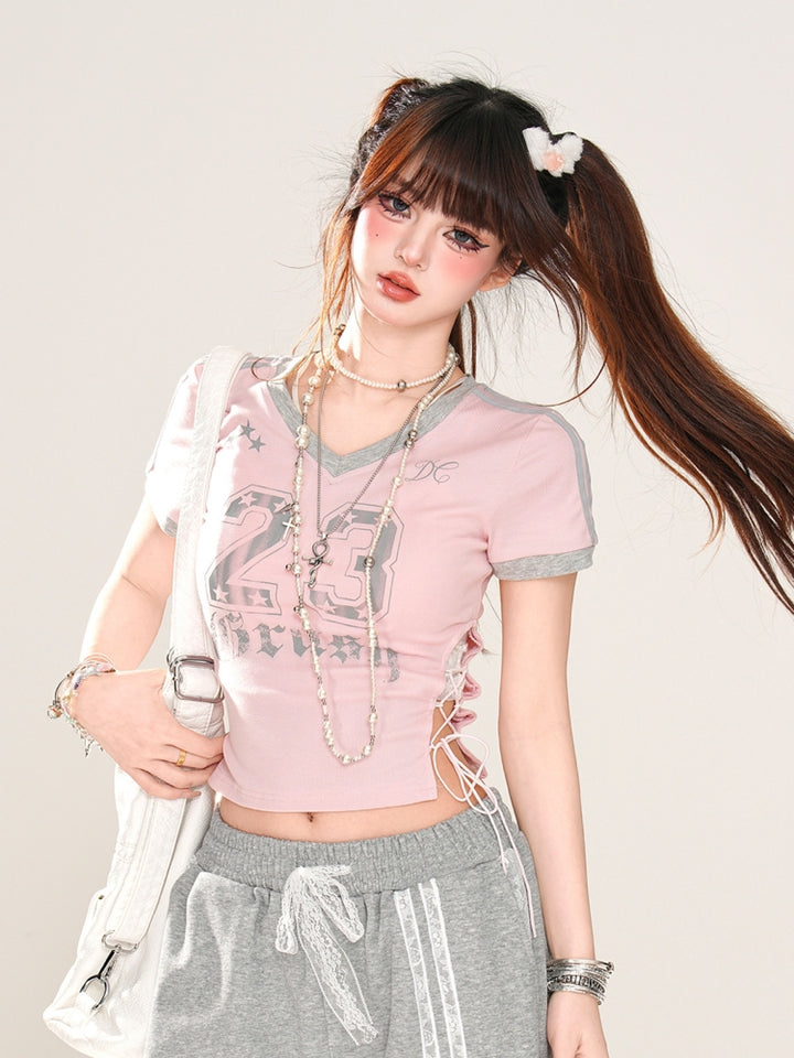American-Style Letter Print Pink Short Crop Top