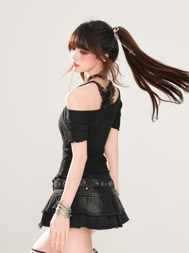 Cat Print Black Short Crop T-Shirt