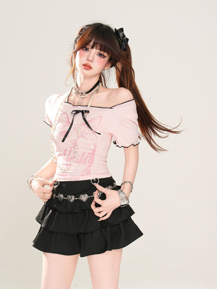 Cat Print Pink Short Crop T-Shirt