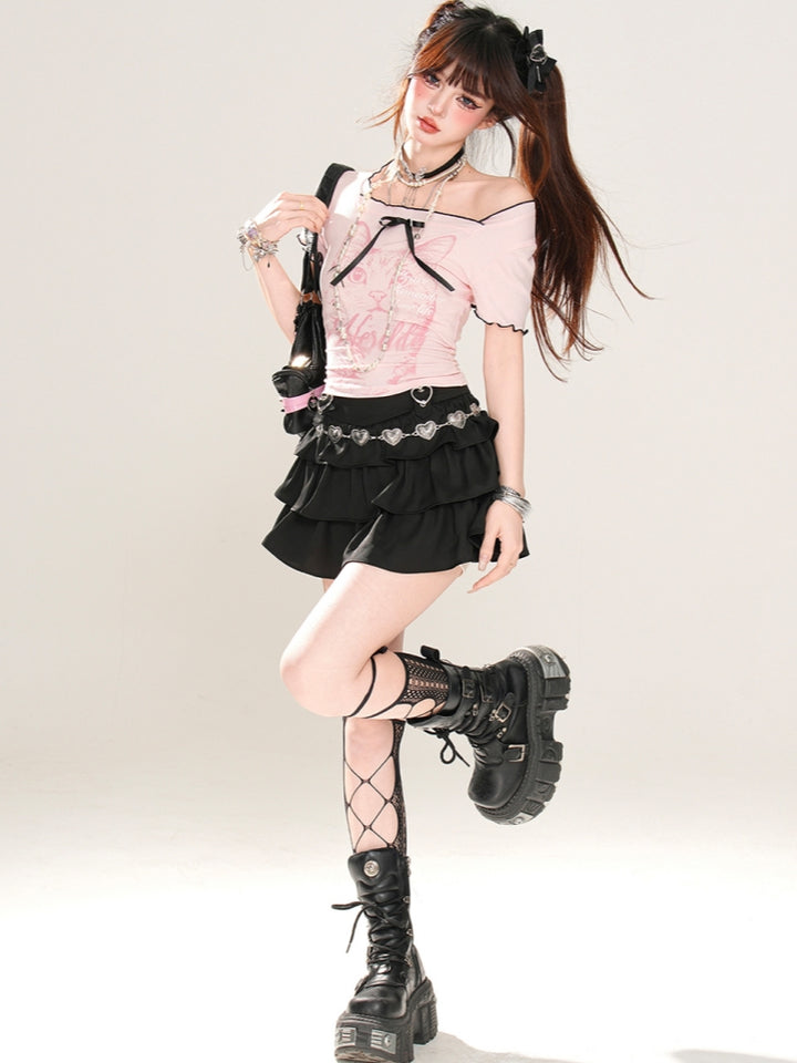 Cat Print Pink Short Crop T-Shirt