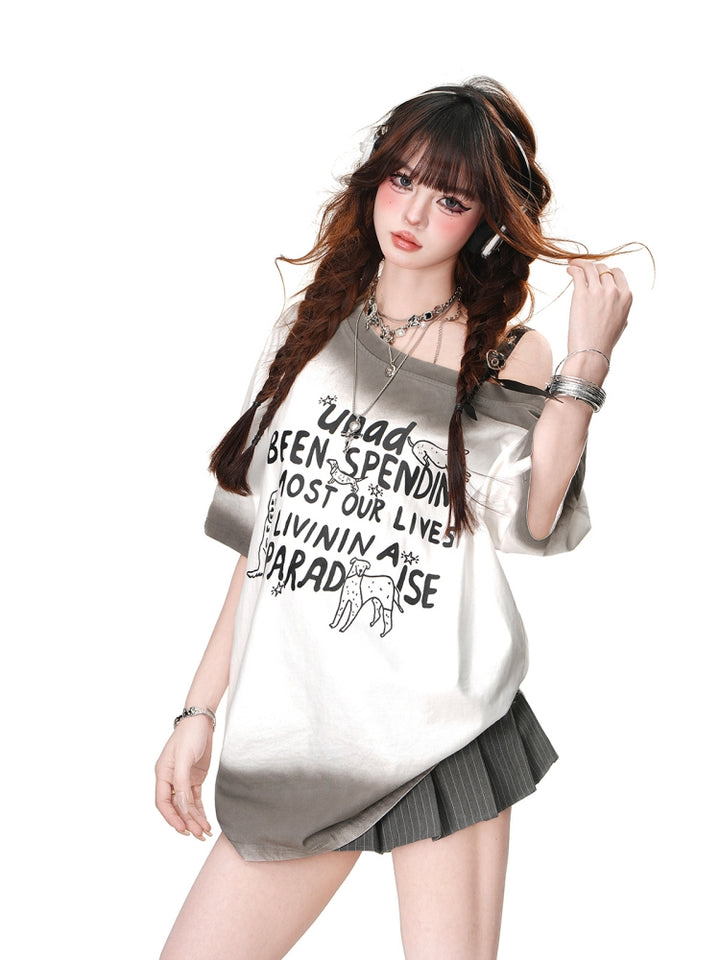 Asymmetrical Off-Shoulder Short-Sleeve Loose T-Shirt