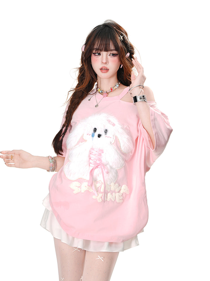 Puppy Embroidery Pink Off-Shoulder Short-Sleeve T-Shirt