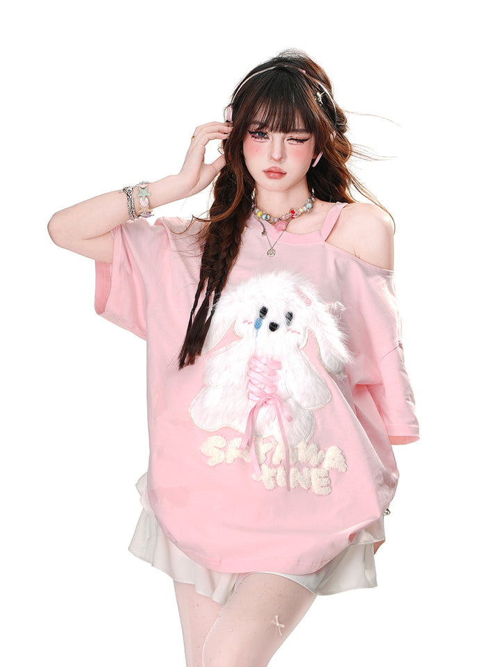 Puppy Embroidery Pink Off-Shoulder Short-Sleeve T-Shirt