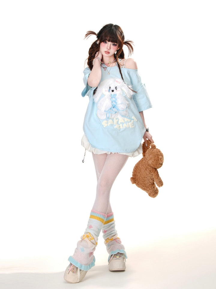 Puppy Embroidery Blue Off-Shoulder Short-Sleeve T-Shirt