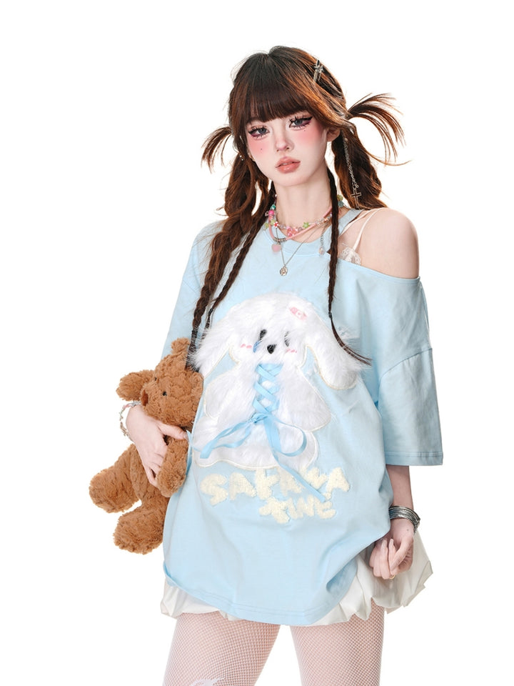 Puppy Embroidery Blue Off-Shoulder Short-Sleeve T-Shirt