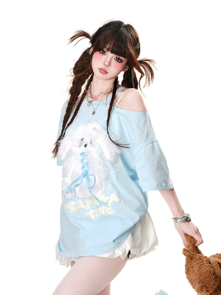 Puppy Embroidery Blue Off-Shoulder Short-Sleeve T-Shirt