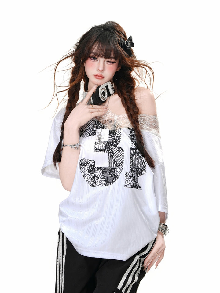 European-American Lace Short-Sleeve Off-Shoulder White Summer Loose T-Shirt