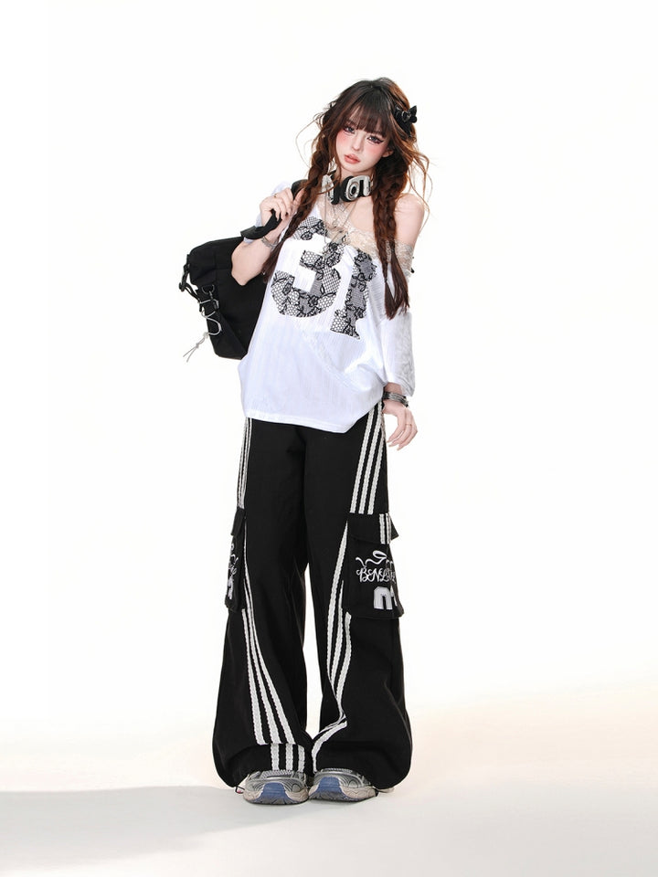 European-American Lace Short-Sleeve Off-Shoulder White Summer Loose T-Shirt