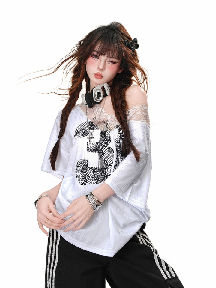European-American Lace Short-Sleeve Off-Shoulder White Summer Loose T-Shirt