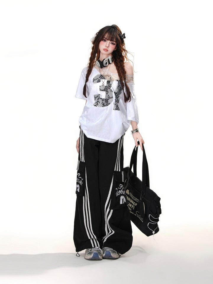European-American Lace Short-Sleeve Off-Shoulder White Summer Loose T-Shirt