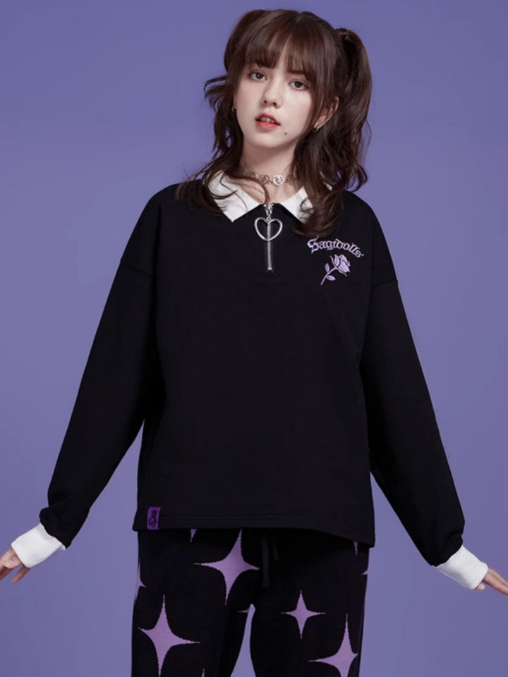 Black Sweet and Cool Rose Embroidered Loose Long Sleeve Top