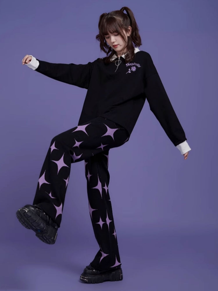 Black Sweet and Cool Rose Embroidered Loose Long Sleeve Top
