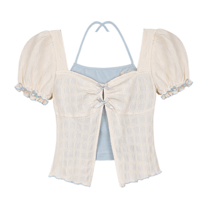 Blue and White Layered-Look Puff Sleeve Top