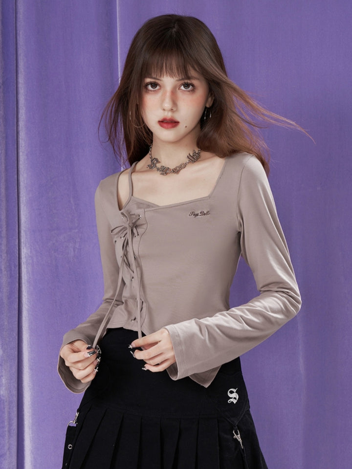 Khaki Sweet and Spicy Lace-Up Fitted Layered-Look Square Neck Top