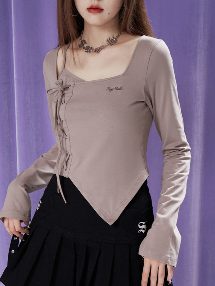 Khaki Sweet and Spicy Lace-Up Fitted Layered-Look Square Neck Top