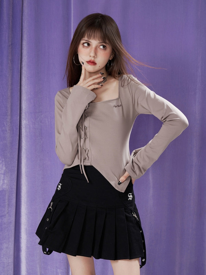 Khaki Sweet and Spicy Lace-Up Fitted Layered-Look Square Neck Top