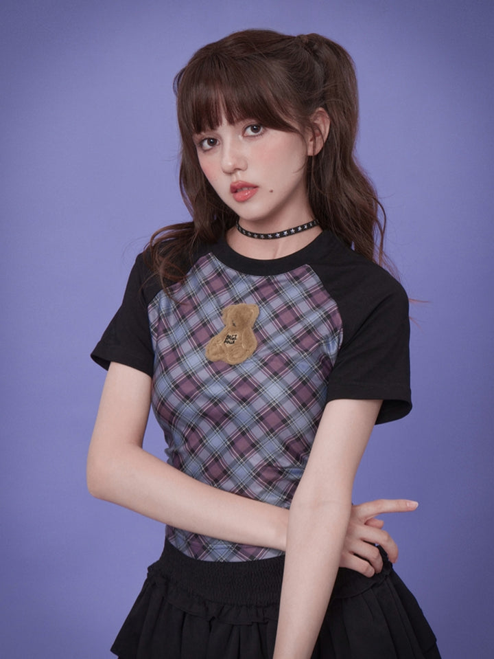 Blue and Purple Plaid Fuzzy Bear Short-Sleeve Summer T-Shirt