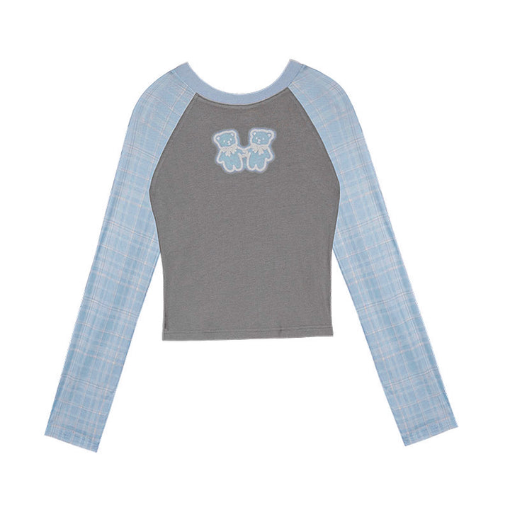 Bear embroidered gray-blue plaid long-sleeve shirt