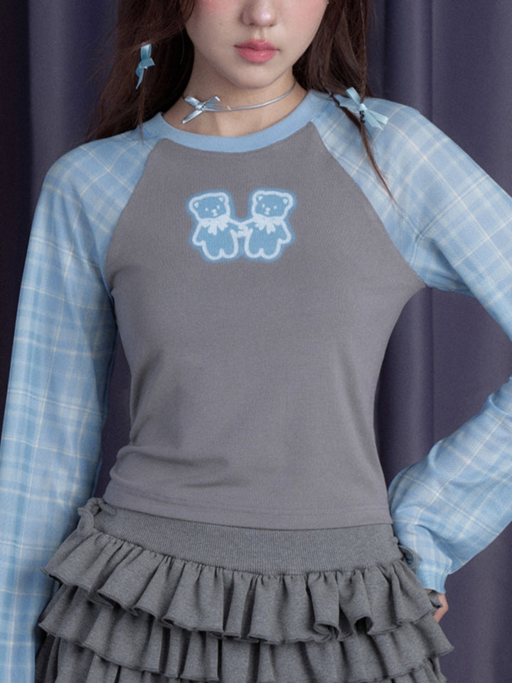 Bear embroidered gray-blue plaid long-sleeve shirt