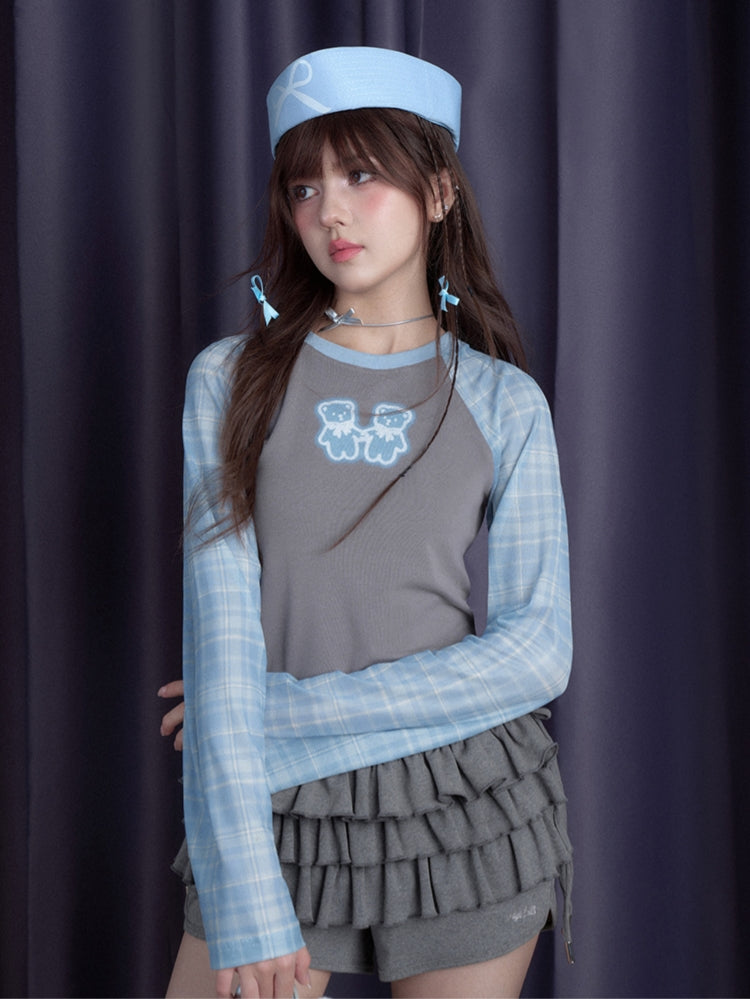Bear embroidered gray-blue plaid long-sleeve shirt