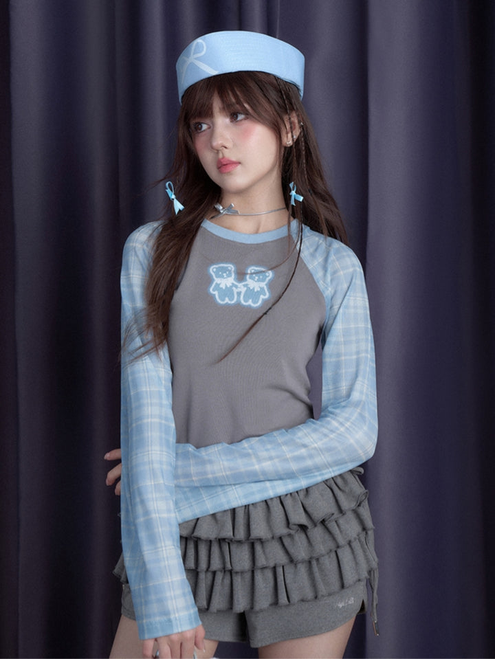 Bear embroidered gray-blue plaid long-sleeve shirt