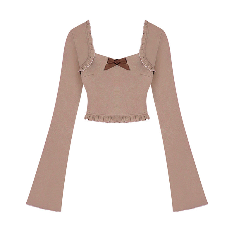 Brown bow slim-fit flared sleeve top