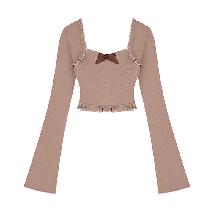 Brown bow slim-fit flared sleeve top