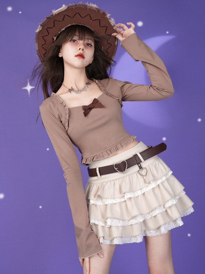 Brown bow slim-fit flared sleeve top