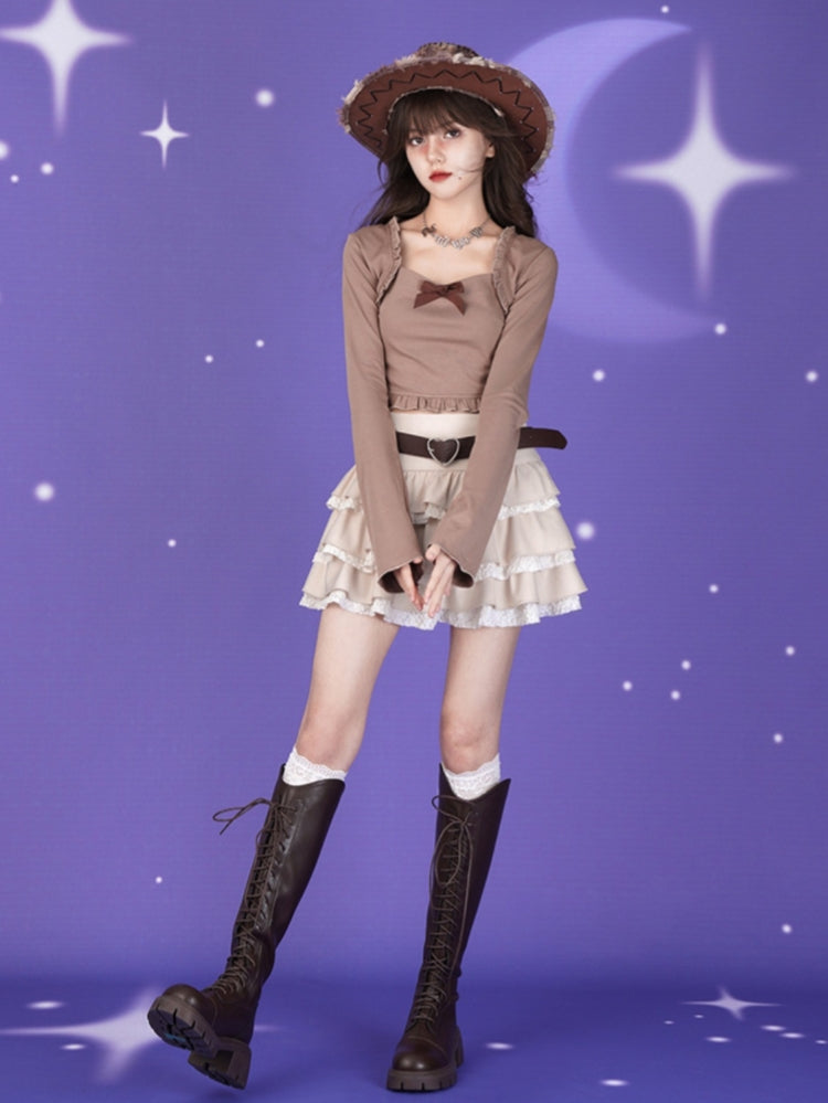 Brown bow slim-fit flared sleeve top