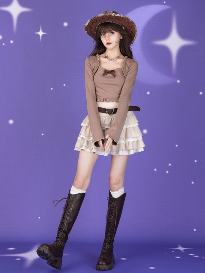 Brown bow slim-fit flared sleeve top