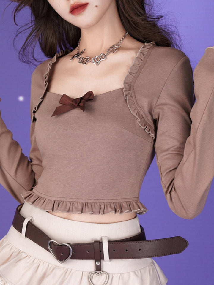 Brown bow slim-fit flared sleeve top
