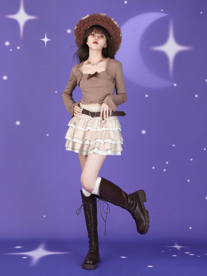 Brown bow slim-fit flared sleeve top
