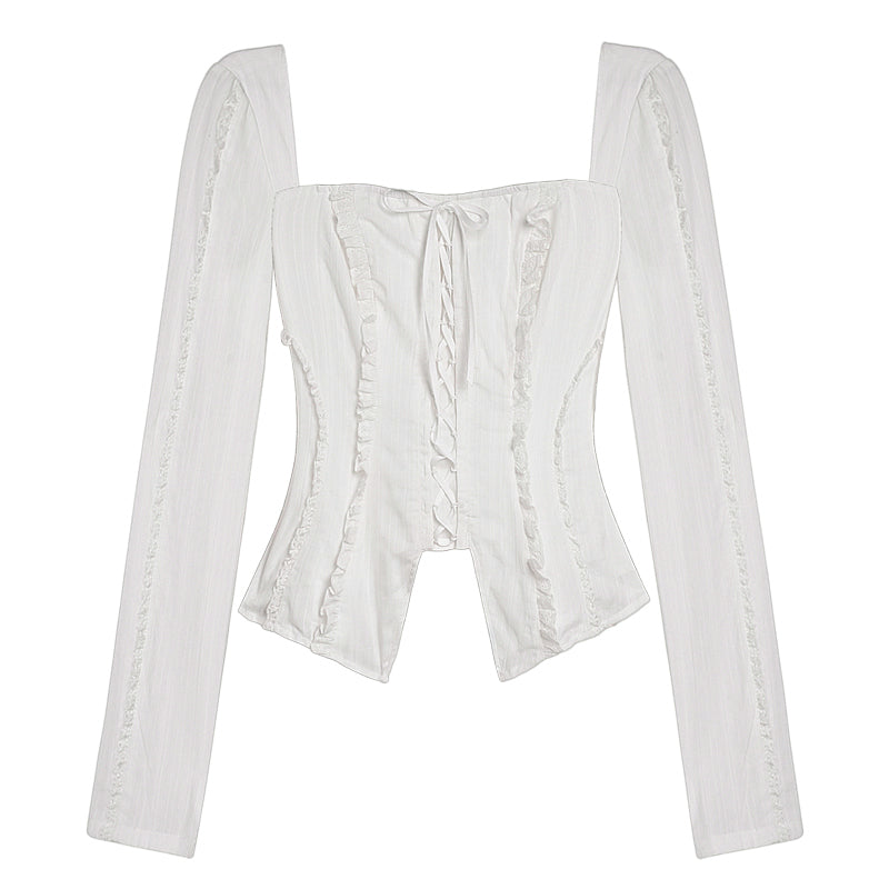 French sweet tie-front white square-neck blouse