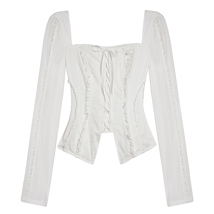 French sweet tie-front white square-neck blouse