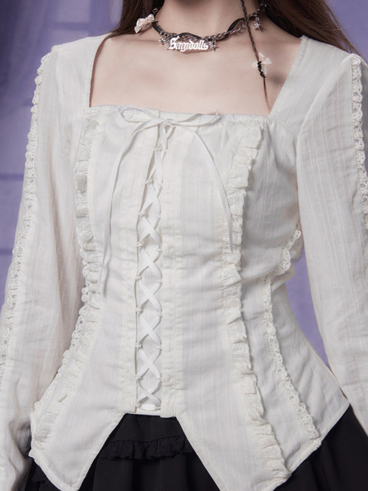 French sweet tie-front white square-neck blouse