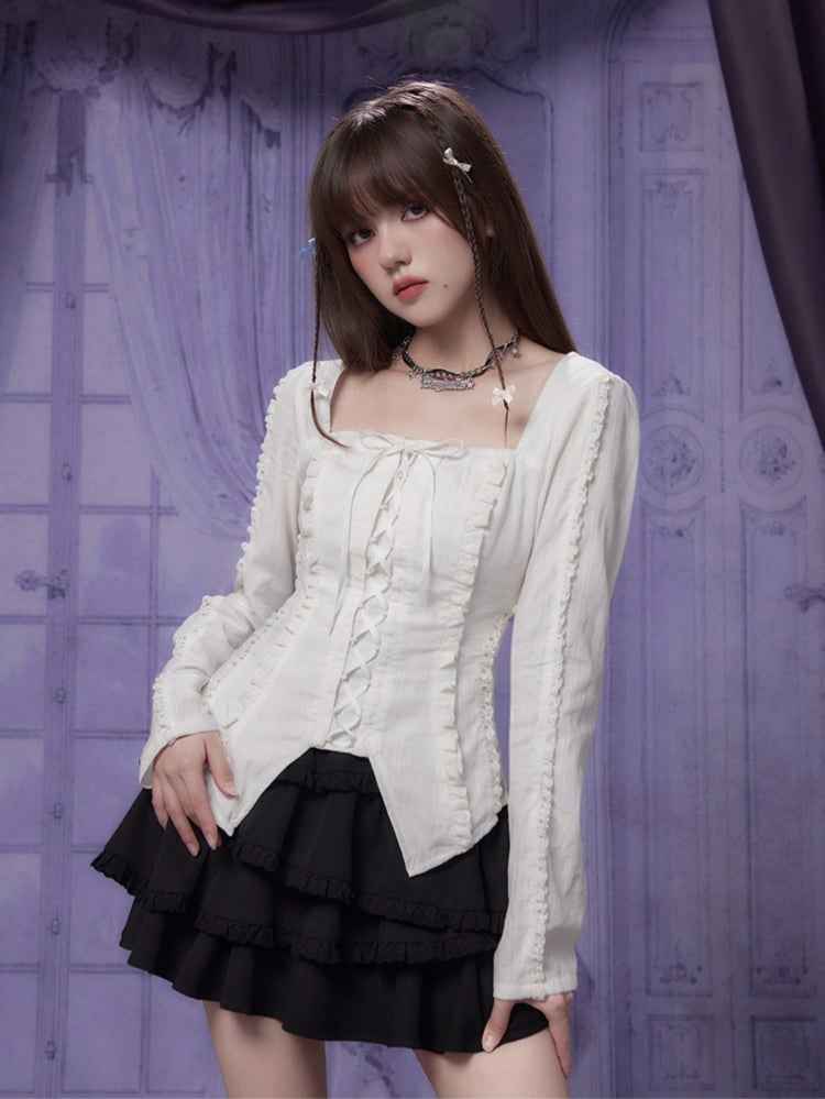 French sweet tie-front white square-neck blouse