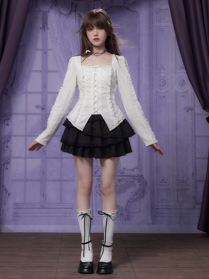 French sweet tie-front white square-neck blouse