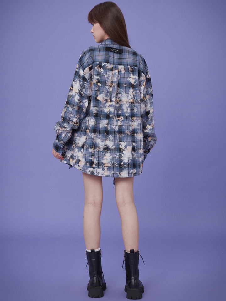 Blue plaid casual loose-fitting shirt