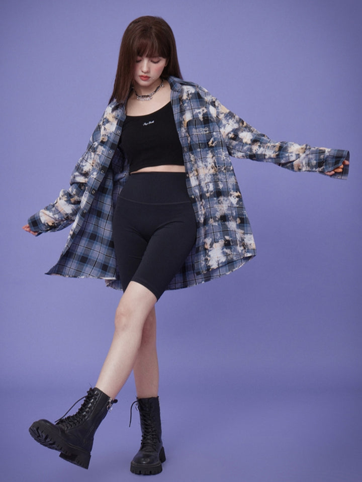 Blue plaid casual loose-fitting shirt