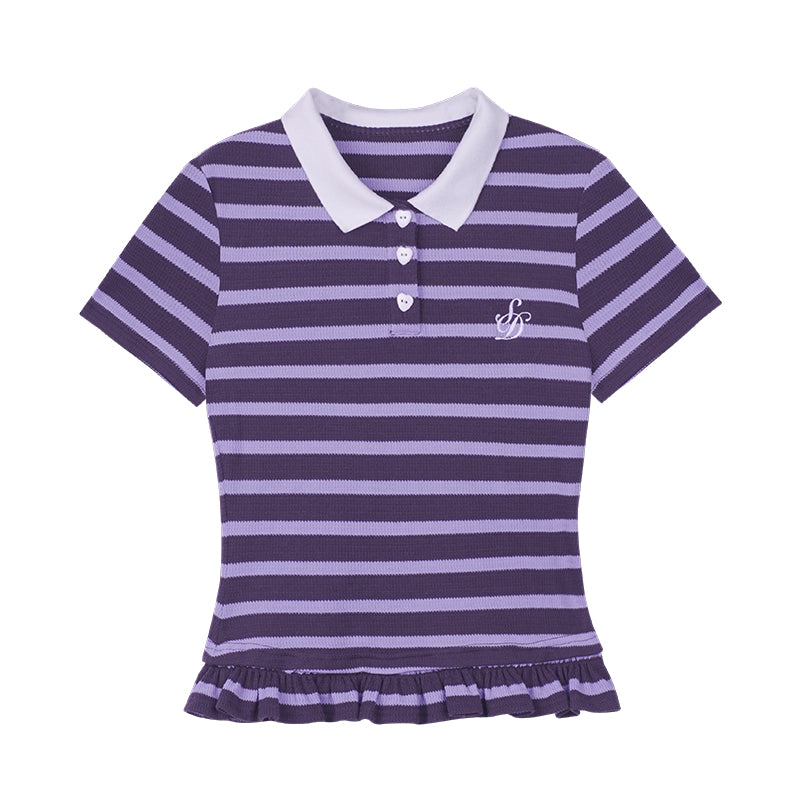 Lace-trimmed purple striped short-sleeve T-shirt