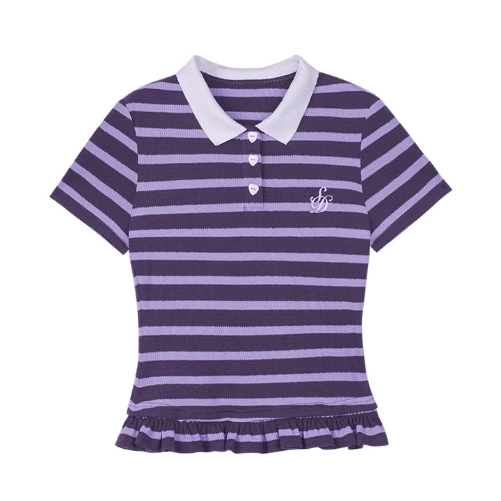 Lace-trimmed purple striped short-sleeve T-shirt