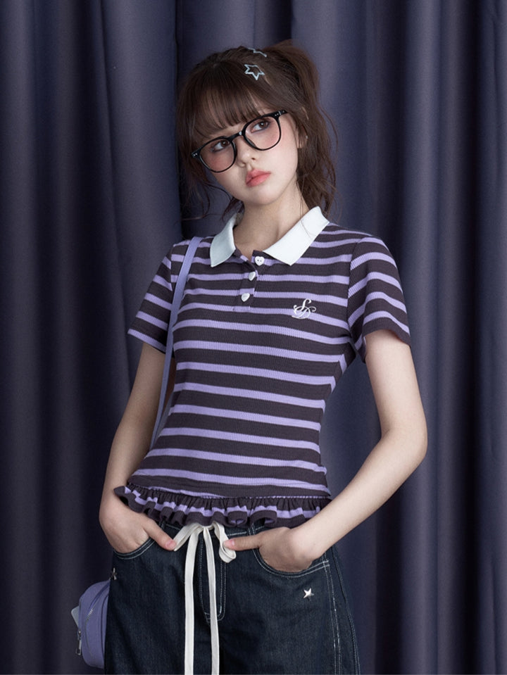 Lace-trimmed purple striped short-sleeve T-shirt