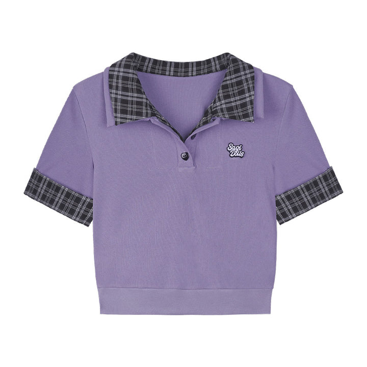 Faux Two-Piece Plaid Spliced Short-Sleeve T-Shirt