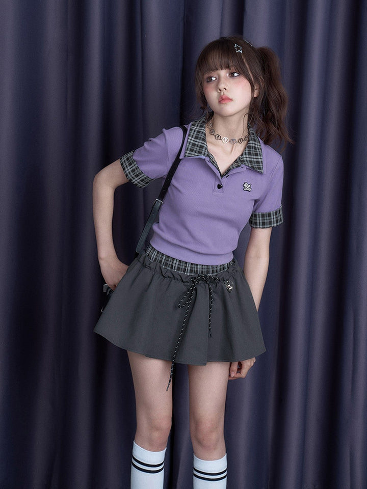 Faux Two-Piece Plaid Spliced Short-Sleeve T-Shirt
