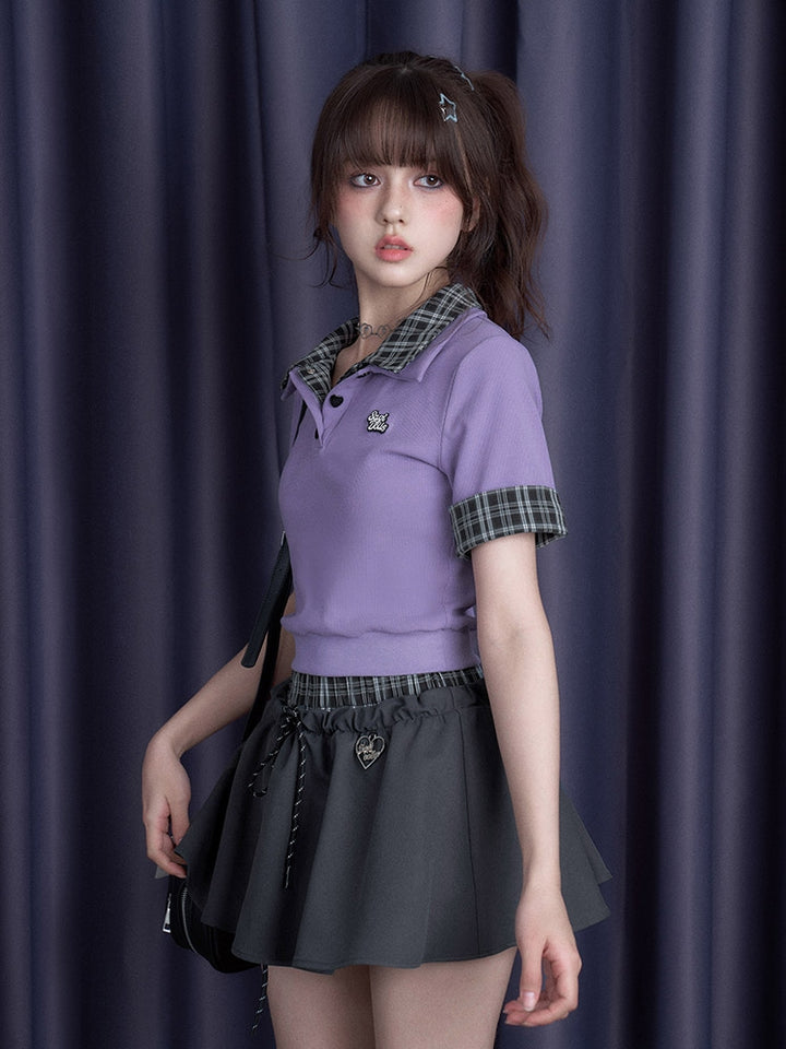 Faux Two-Piece Plaid Spliced Short-Sleeve T-Shirt